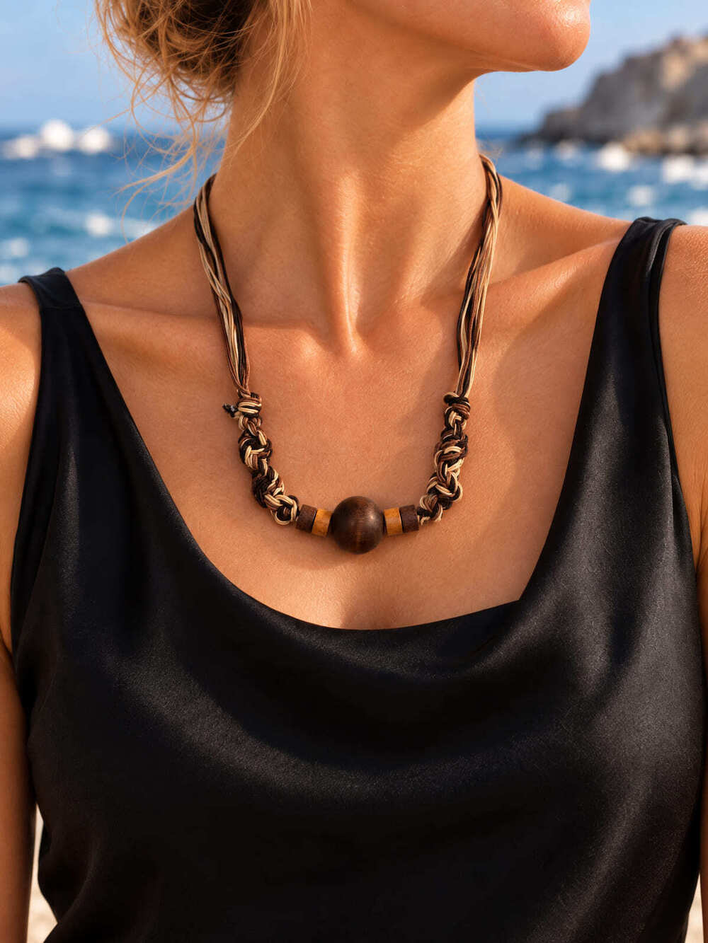⚜️ Wood-Look Bead Braided Cord Necklace | Boho | Brown Tan Cream 💗